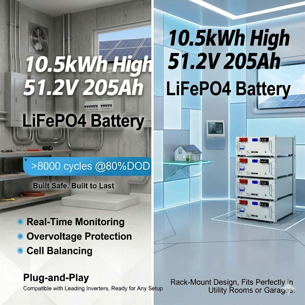10.5kWh Rack-Mounted LiFePO4 battery storage system for home solar backup
